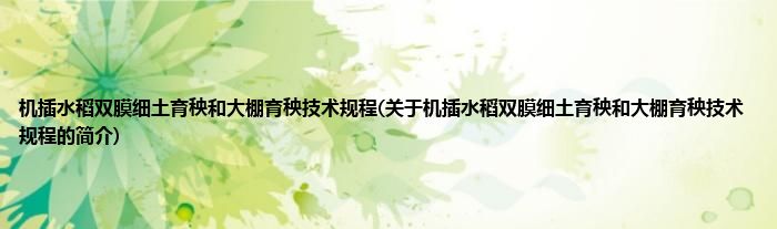 机插水稻双膜细土育秧和大棚育秧技术规程(关于机插水稻双膜细土育秧和大棚育秧技术规程的简介)