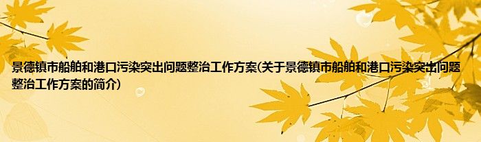 景德镇市船舶和港口污染突出问题整治工作方案(关于景德镇市船舶和港口污染突出问题整治工作方案的简介)